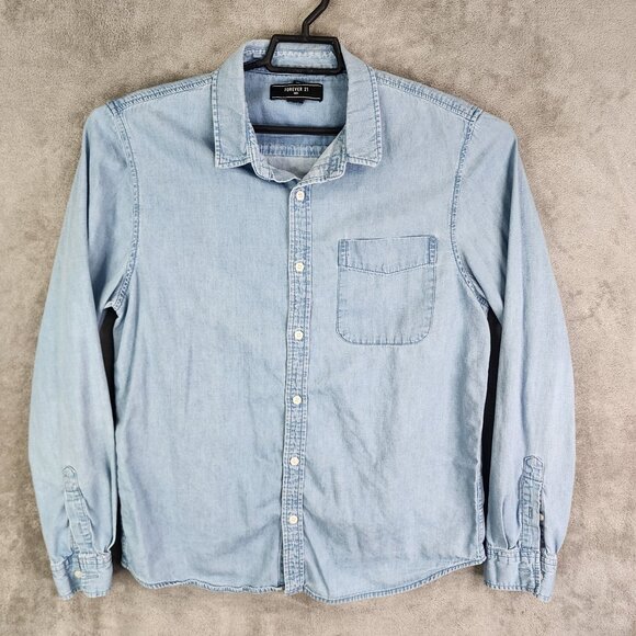 Mens Forever 21 Blue Denim Shirt Long Sleeve Button Up Front Pocket Size L - Picture 2 of 8